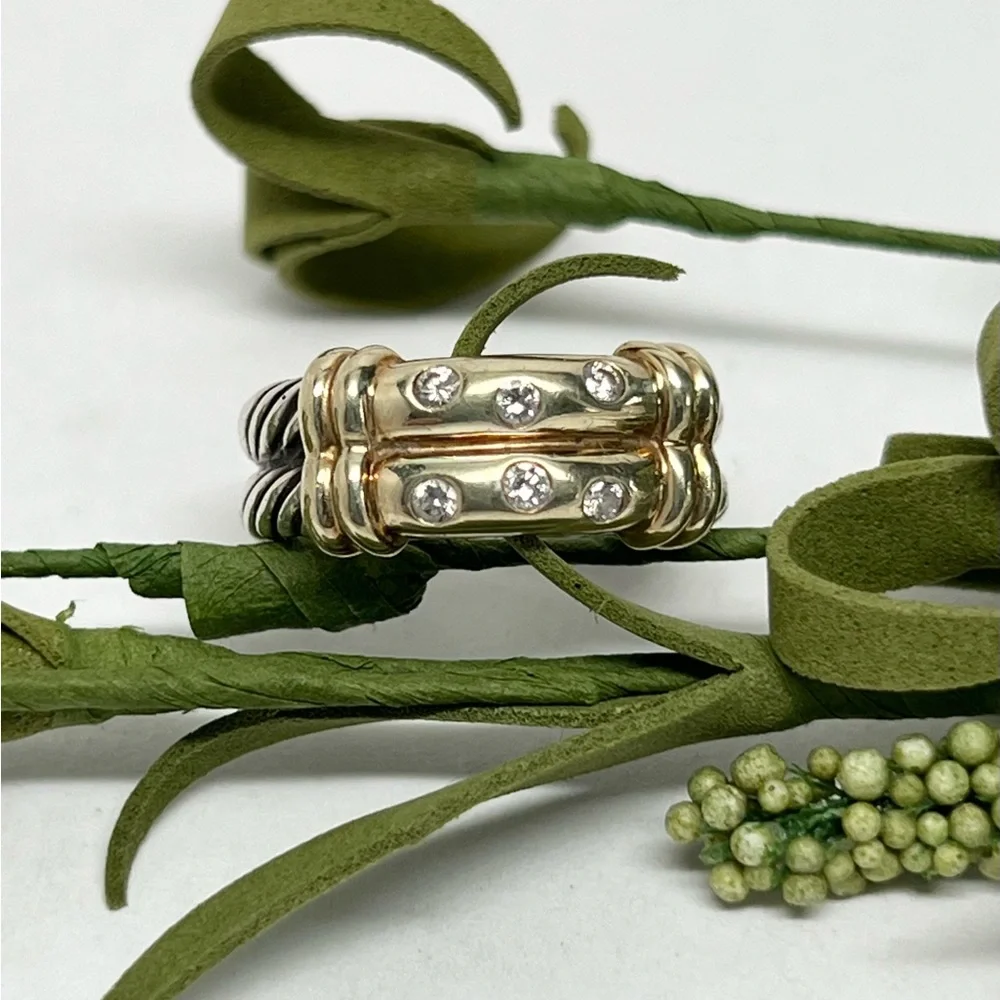 David Yurman Diamond Double Row Metro Cable Ring  .925/14K - Picture 10 of 11